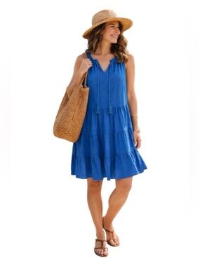 Max Studio sleeveless tiered shift mini sun dress cobalt blue tassels Medium